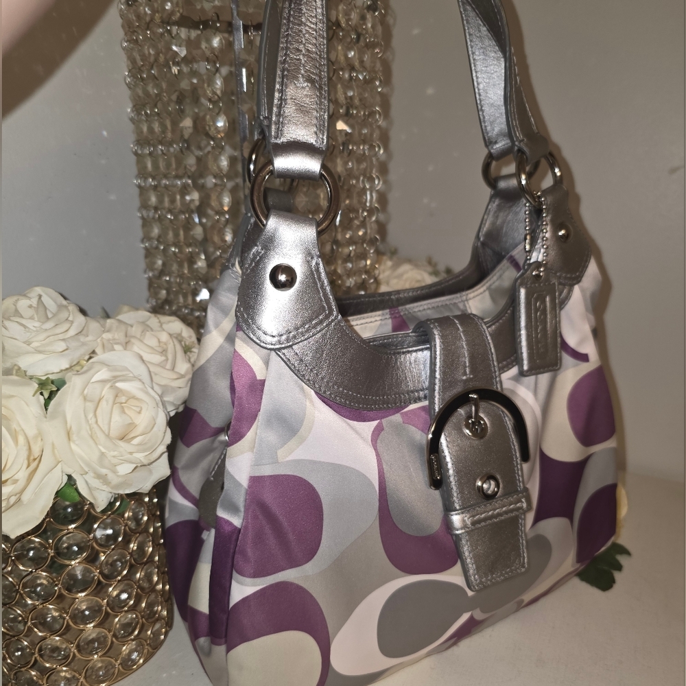 Coach Metallic Silver and Purple Patterned Shoulder Bag
